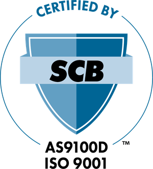 Certified by SCB — AS9100D and ISO 9001 certification mark, IAPMO Systems Certification Body